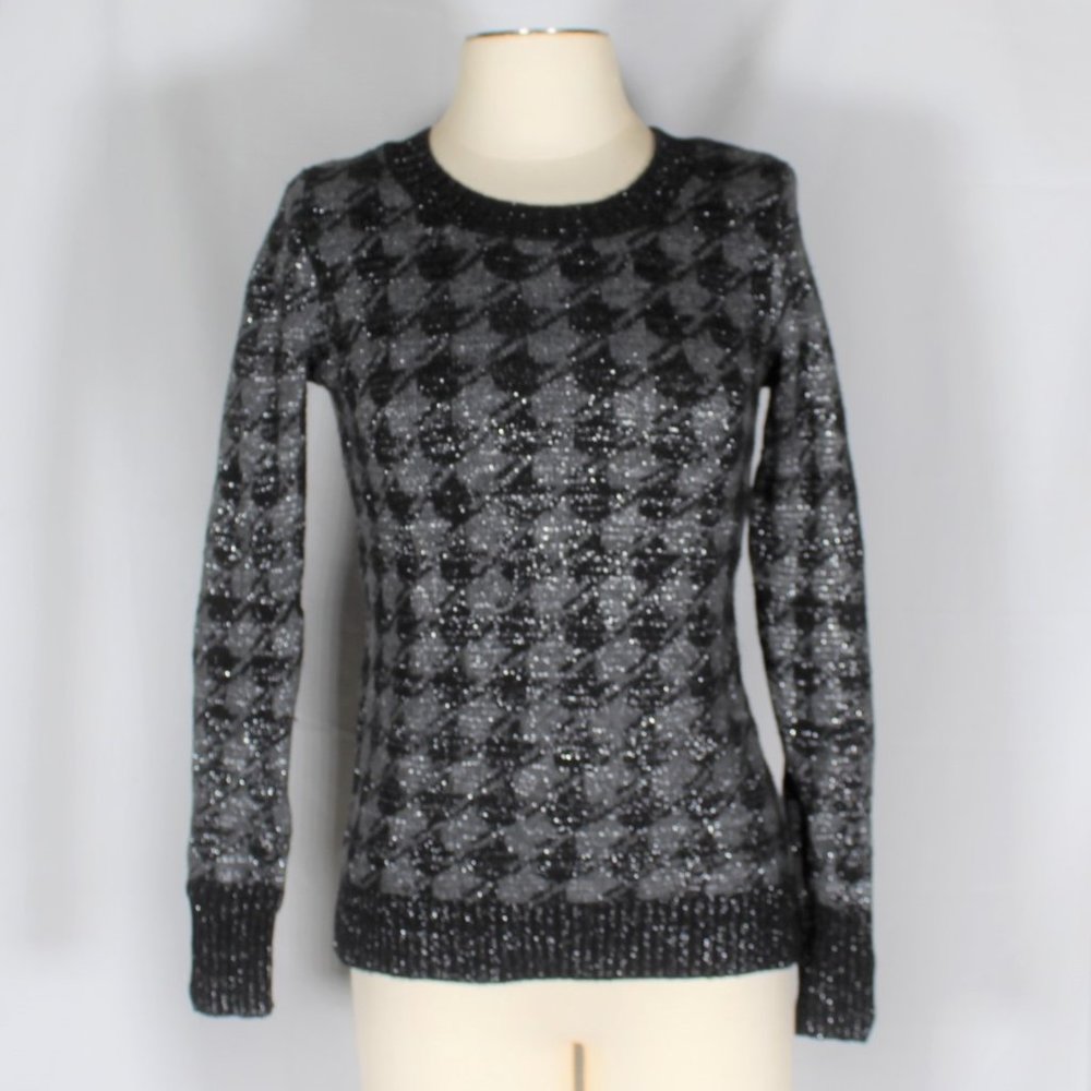Womens Wool Houndstooth Gray Black Sweater Sparkle Holiday
